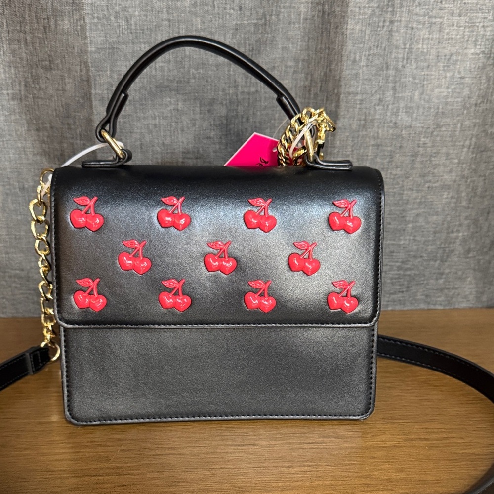 Betsey Johnson Black Crossbody Bag with Red Cherries & Heart Charms - Picture 5 of 17